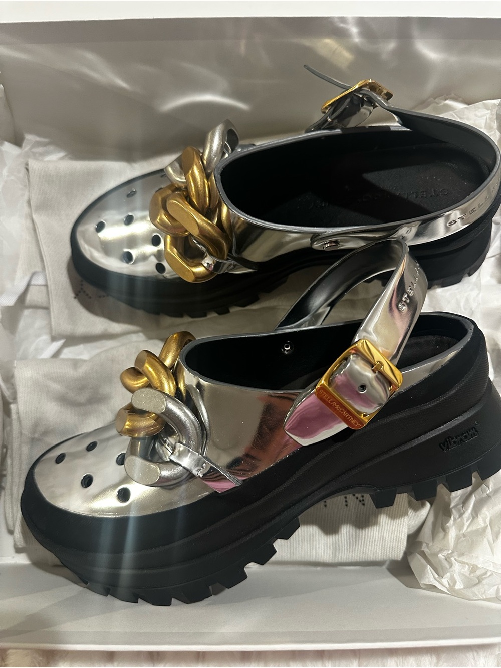 Stella McCartney Silver and Gold Chain-Accent Slingback Clog Sandals